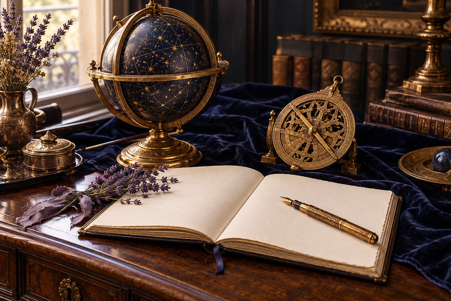 An antique brass celestial globe beside a cream notebook and lavender on navy velvet