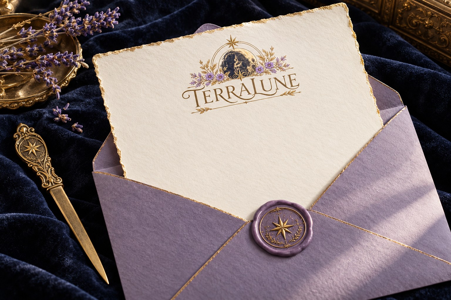 A TerraLune letter on cream paper, tucked into a lavender envelope with a purple wax seal