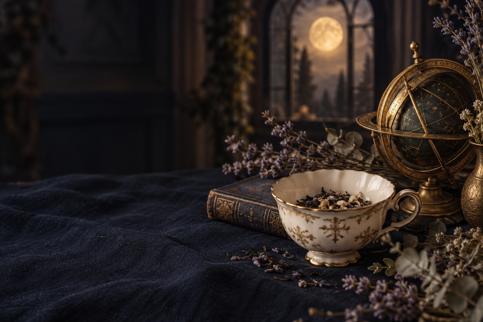An antique teacup, cards, and dried botanicals in a softly lit reading room