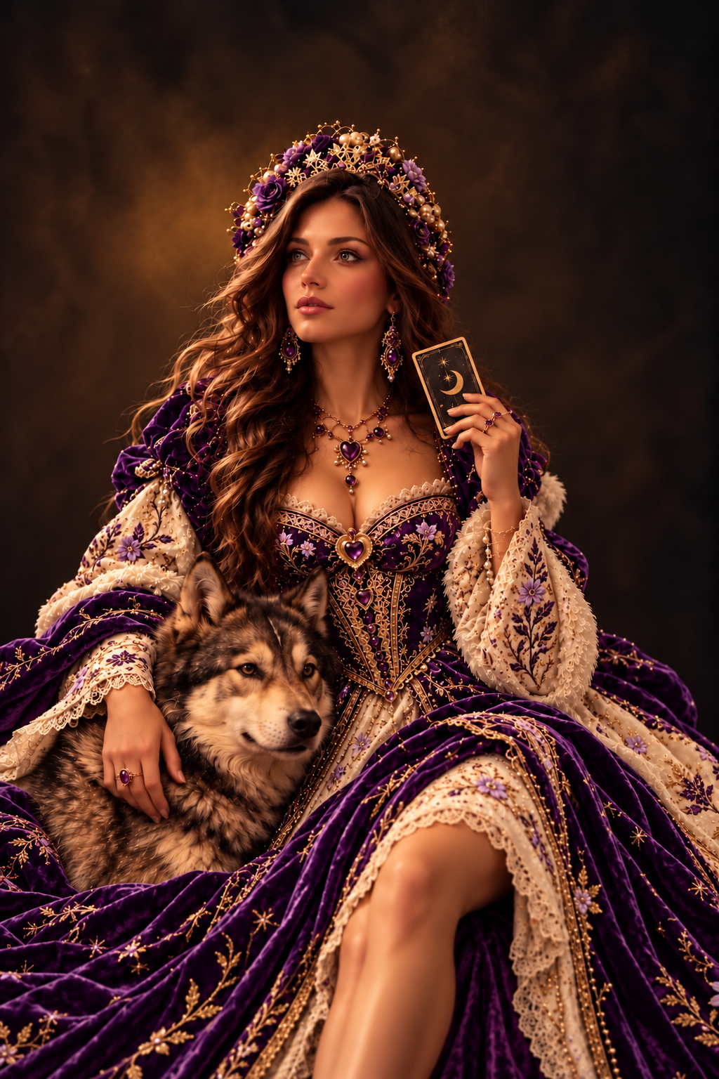 The TerraLune practitioner in a purple and cream Victorian dress, holding a tarot card beside a wolf
